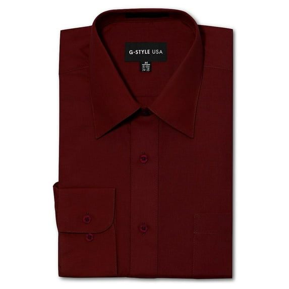 G-Style USA Men's Regular Fit Long Sleeve Solid Color Dress Shirts - Burgundy - Large - 16-16.5 - 36-37