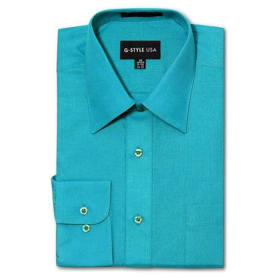 G-Style USA Men's Regular Fit Long Sleeve Solid Color Dress Shirts - Turquoise - 1X - 17-17.5 - 36-37
