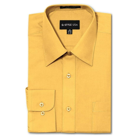 G-Style USA Men's Regular Fit Long Sleeve Solid Color Dress Shirts - Yellow - Large - 16-16.5 - 34-35