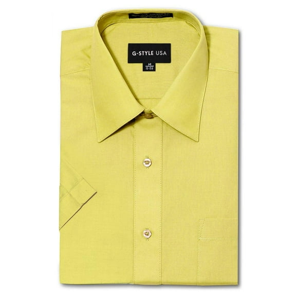 G-Style USA Men's Regular Fit Short Sleeve Solid Color Dress Shirts - LEMON - L/16-16.5