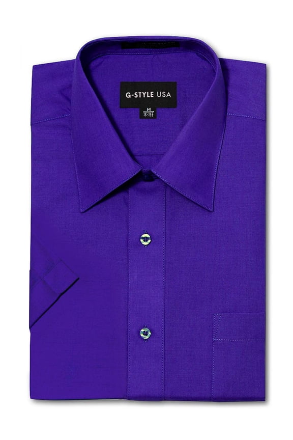 Men's Regular Fit Short Sleeve Solid Color Dress Shirts - PURPLE - 4XL/20-20.5