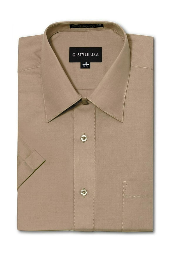 Men's Regular Fit Short Sleeve Solid Color Dress Shirts - Beige - XL/17-17.5