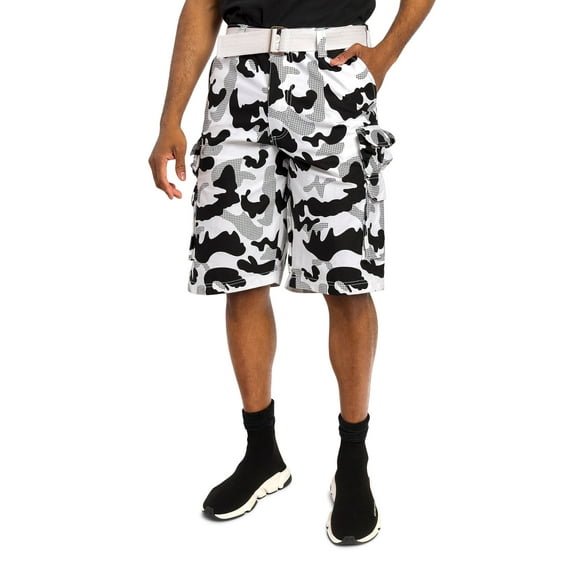 G-Style USA Men's Relaxed Fit Belted Camo Cargo Shorts - Black/White - 40
