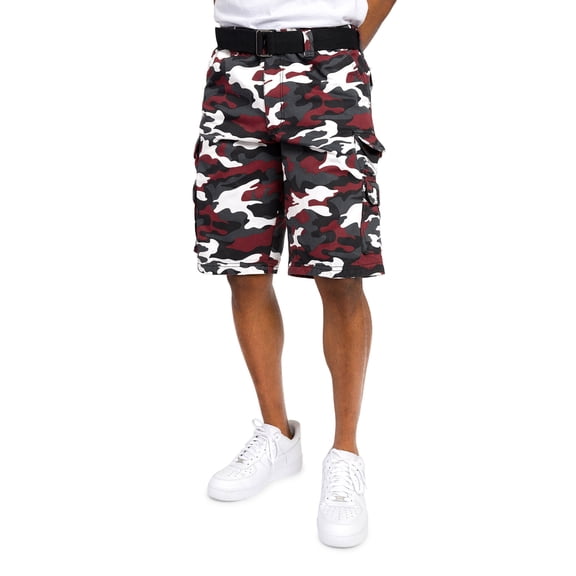 G-Style USA Men's Relaxed Fit Belted Camo Cargo Shorts - Burgundy/White - 34