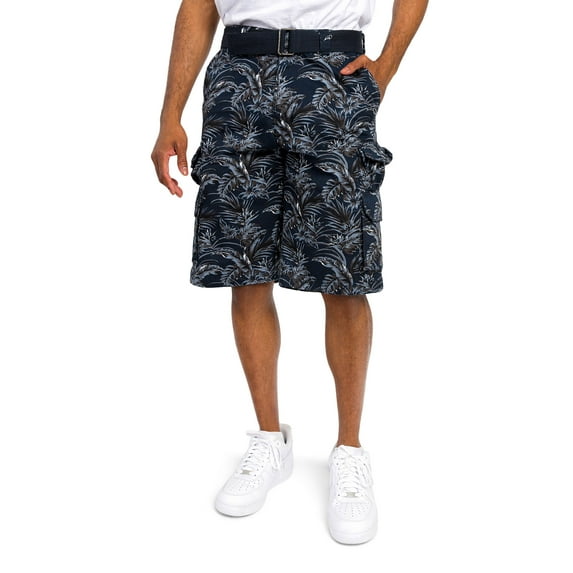 G-Style USA Men's Relaxed Fit Belted Camo Cargo Shorts - Floral Navy - 36