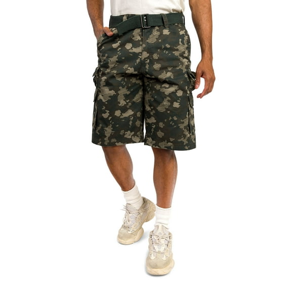 G-Style USA Men's Relaxed Fit Belted Camo Cargo Shorts - Stone Olive - 36