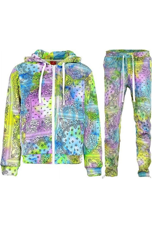 Men's Tie Dye Bandana Fleece Tracksuit Set - Zipper Hoodie Jacket and Sweatpants ST857 - Pastel - 2X-Large - H8I