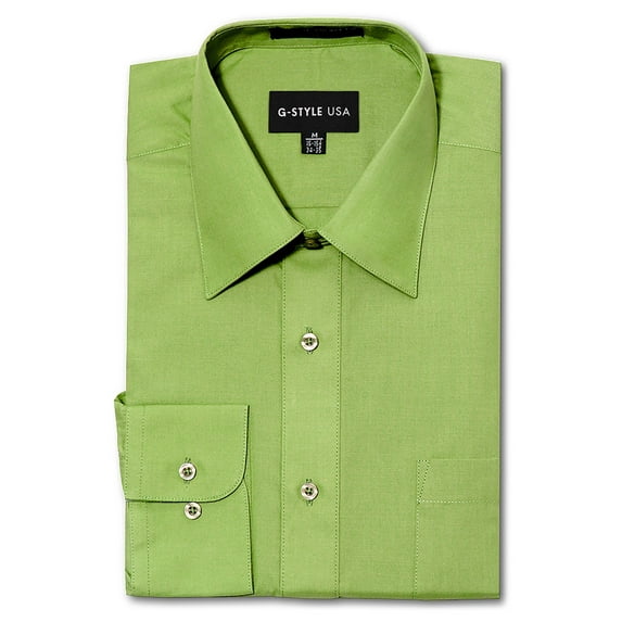 G-Style USA Men's Regular Fit Long Sleeve Solid Color Dress Shirts - Apple Green - Medium - 15-15.5 - 30-31