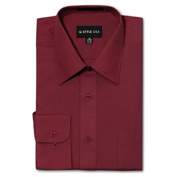 G-Style USA Men's Regular Fit Long Sleeve Solid Color Dress Shirts - Burgundy - Medium - 15-15.5 - 32-33