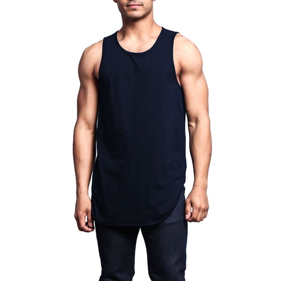 G-Style USA Solid Color Long Length Curved Hem Tank Top - Navy - Small