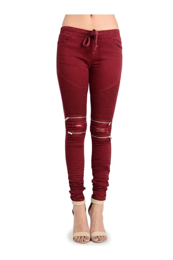 Women's Biker Style Ripped Zip Rider Jogger Pants RJJ777 - Burgundy - 3X-Large