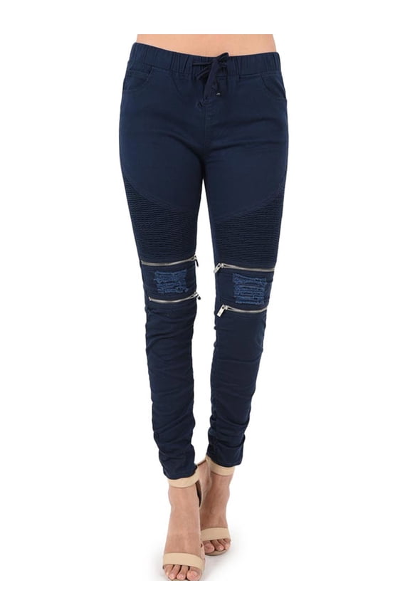Women's Biker Style Ripped Zip Rider Jogger Pants RJJ777 - Navy - Large