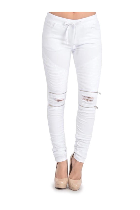 Women's Biker Style Ripped Zip Rider Jogger Pants RJJ777 - White - Large