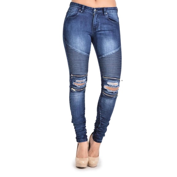G-Style USA Women's Biker Style Zip Ripped Rider Jeans - RJL462 - Blue - 15