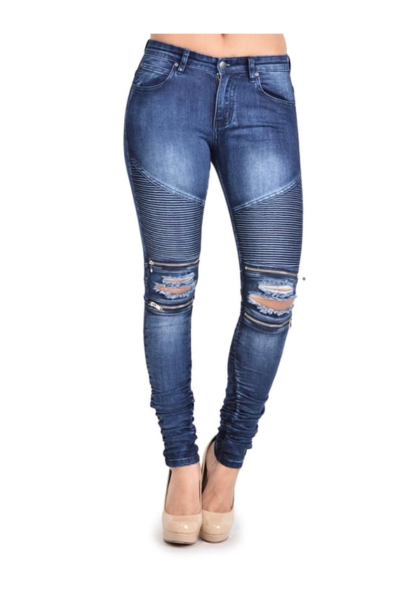 Women's Biker Style Zip Ripped Rider Jeans - RJL462 - Blue - 15