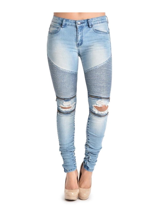 Women's Biker Style Zip Ripped Rider Jeans - RJL462 - Dark Blue - 3X-Large