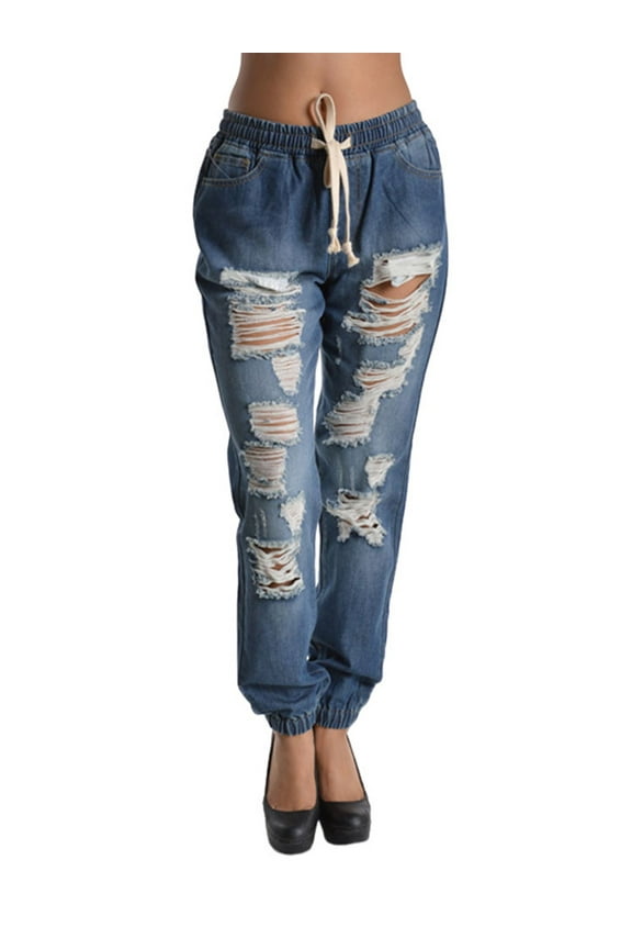 Women's Destructed Denim Jogger Jean Pants RJJ328 - Blue - X-Large