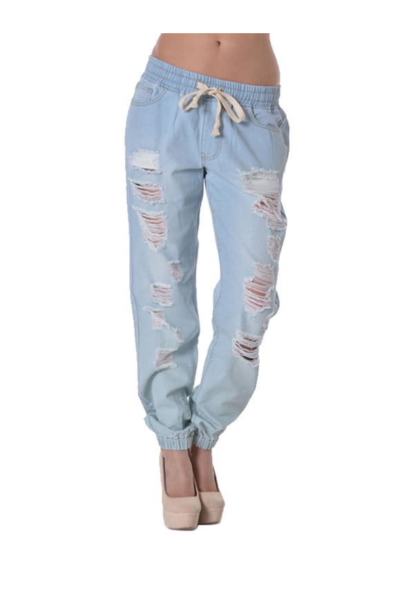 Women's Destructed Denim Jogger Jean Pants RJJ328 - Light Blue - 2X-Large