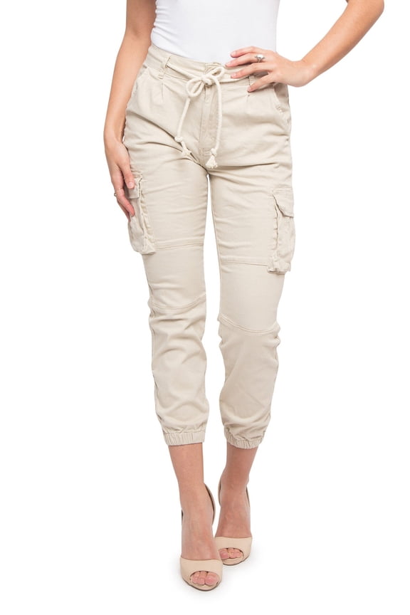 Women's Drawstring Waist Cargo Jogger Pants RJJ3645 Ivory Medium