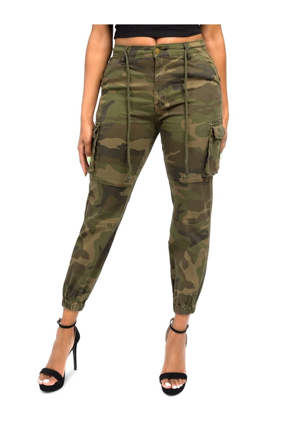 Women's Drawstring Waist Cargo Jogger Pants RJJ3645 Olive Camo Small