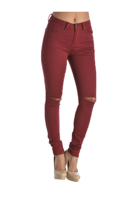 Women's High Waist Ripped Skinny Pants RJH370 - Burgundy - 1