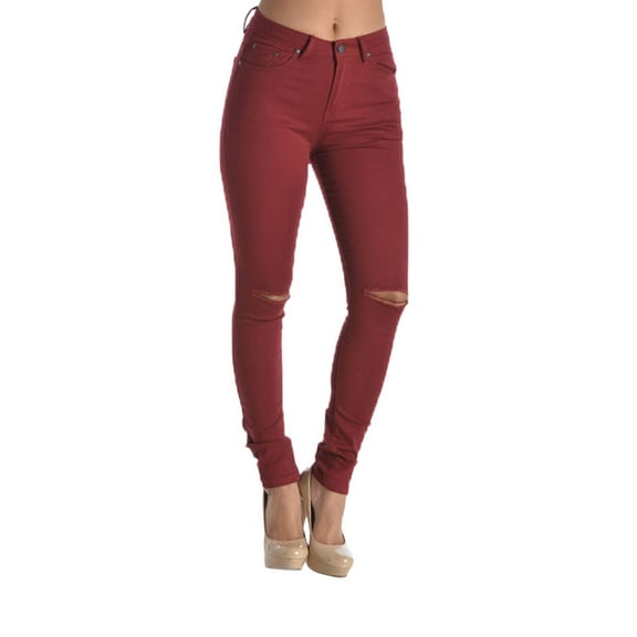 G-Style USA Women's High Waist Ripped Skinny Pants RJH370 - Burgundy - 2X-Large
