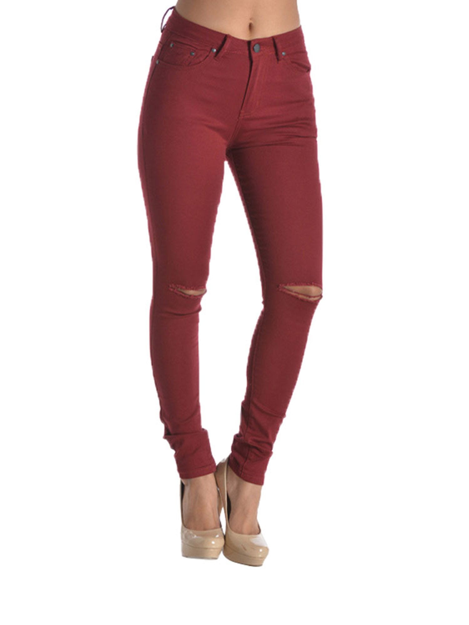 G Style USA Women s High Waist Ripped Skinny Pants RJH370 Burgundy 9