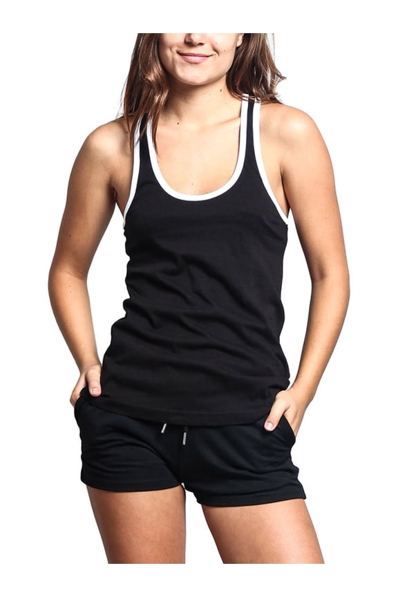 Women's Lightweight Scoop Neck Contrast Piping Tank Top (2-Pack) LTT13194 - Black/White - Large