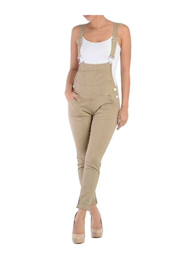 Women's Skinny Solid Overalls RJHO378 - Khaki - Large