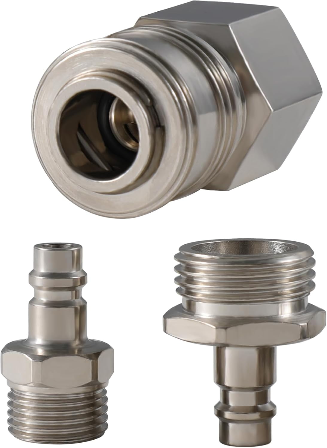 G-Sunny RV Exterior Quick Connector Hose Fitting,with 1/2 "Shower Hose Adapter and 3/4" Garden Hose Adapter,for RV Exterior Shower Faucet Connect Shower Hose and Garden Hose(Brushed Nickel)