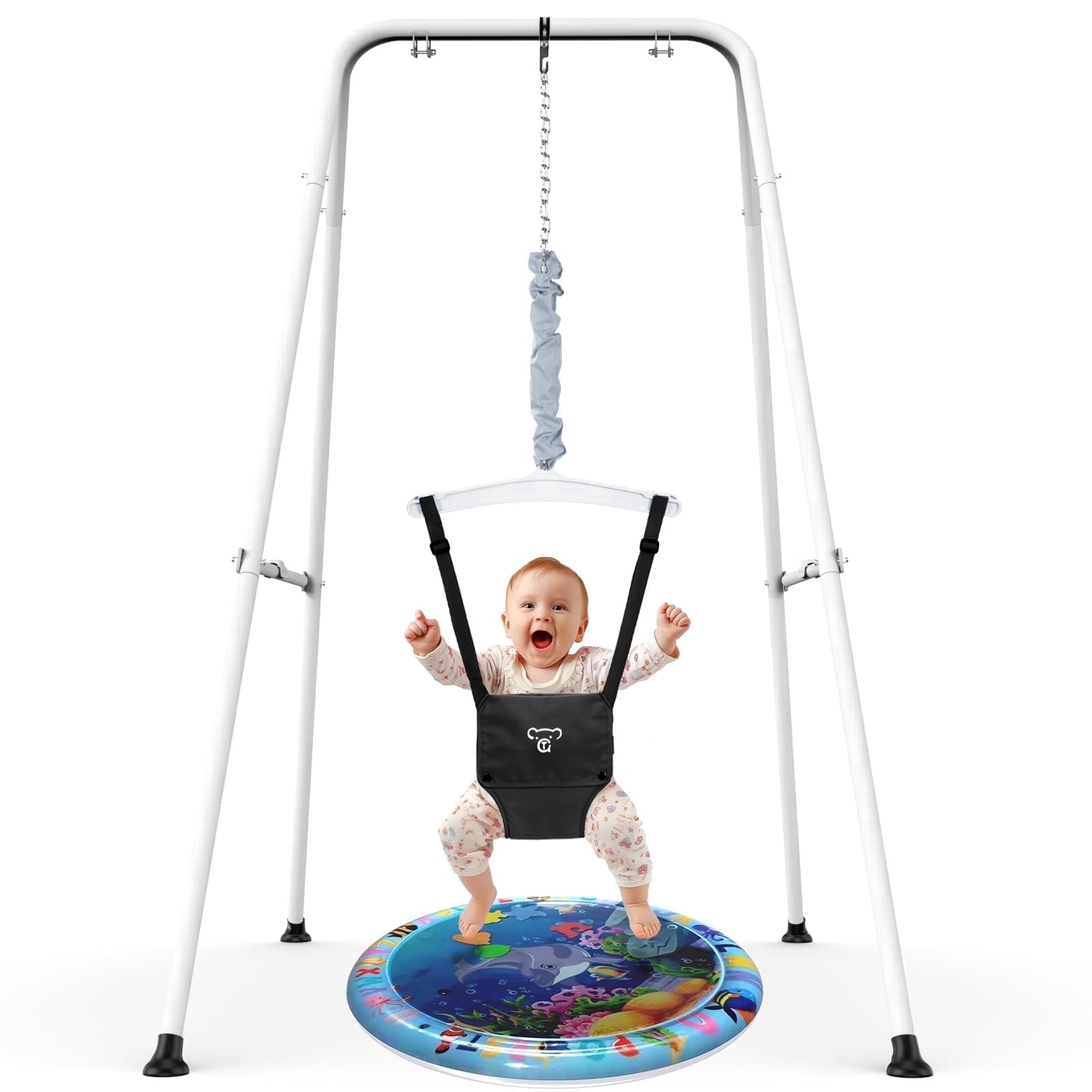 G TALECO Baby Jumper with Stand, Doorway Activity Center for Infants 3-24 Months, Portable Safe Bouncer with Soft Seat, Includes Water Mat, Black