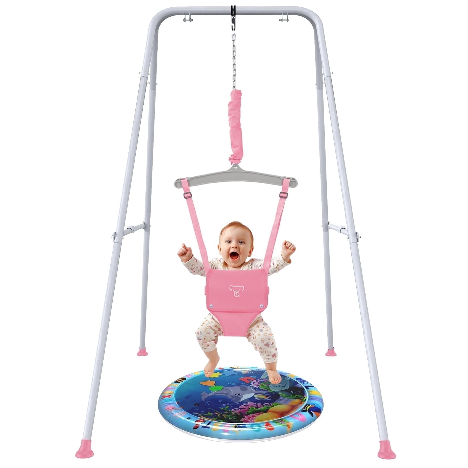 G TALECO Baby Jumper with Stand, Doorway Activity Center for Infants 3-24 Months, Portable Safe Bouncer with Soft Seat, Includes Water Mat, Pink