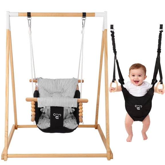 G TALECO GEAR 2-in-1 Baby Bouncer Jumper & Toddler Swing, Foldable Wooden Swing Set with Stand, Outdoor/Indoor Baby Swing with 5-point Harness Safety and Soft Cushion