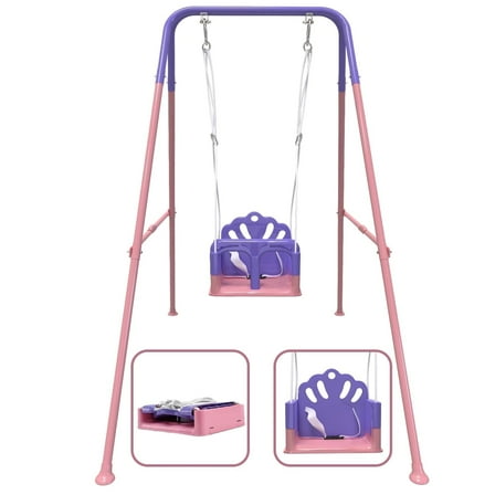 G TALECO GEAR Swing Sets for Backyard, Foldable Baby Swing Outdoor with Safety Harness, Indoor Toddler Swing Pink & Purple