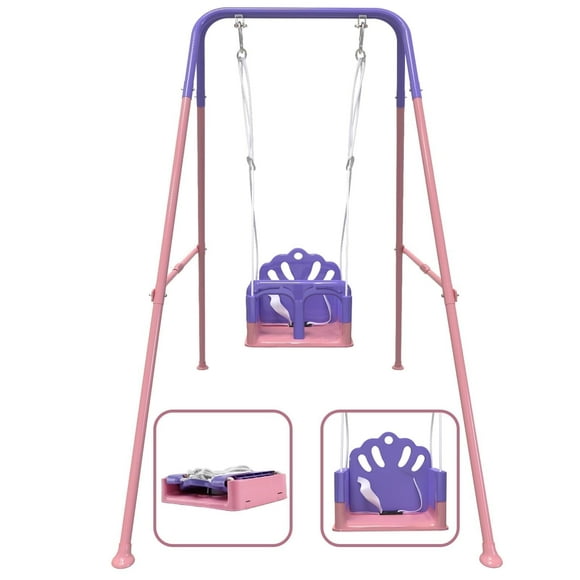 G TALECO GEAR Swing Sets for Backyard, Foldable Baby Swing Outdoor with Safety Harness, Indoor Toddler Swing Pink & Purple
