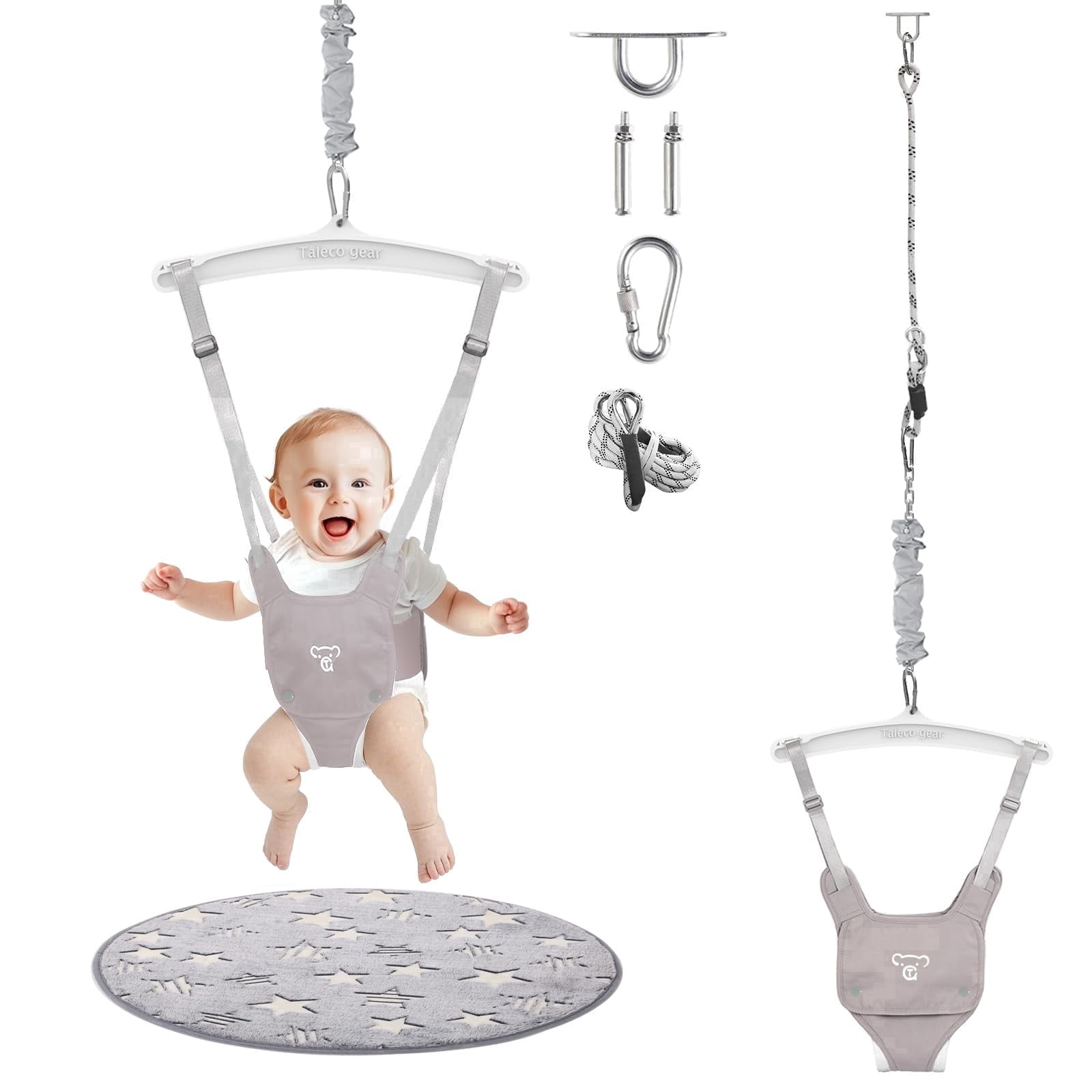 G TALECO GEAR Baby Jumper Doorway with Hook for Infant & Toddlers, Adjustable Strap for Baby Bouncers Indoor/Outdoor with Soft Rug, 6+ Months, Gray