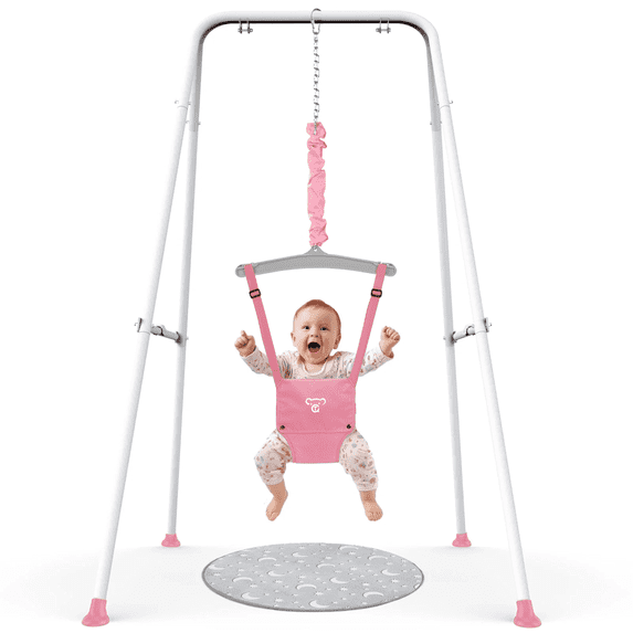 G TALECO GEAR Baby Jumper with Stand, Portable Baby Bouncers and Jumpers with Floor Mat, Jumper for Baby Boys/Girls, Pink