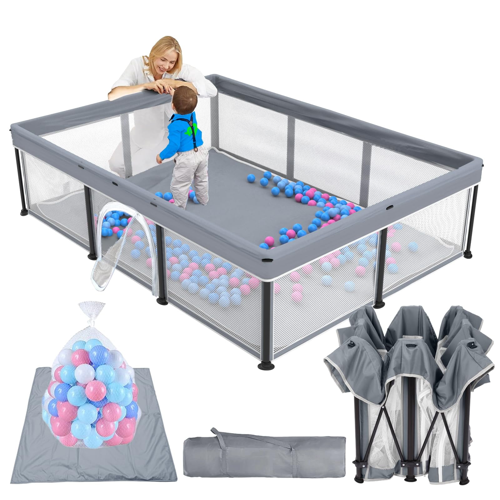 Gray Foldable Baby Playpen with Mat and Ocean Balls