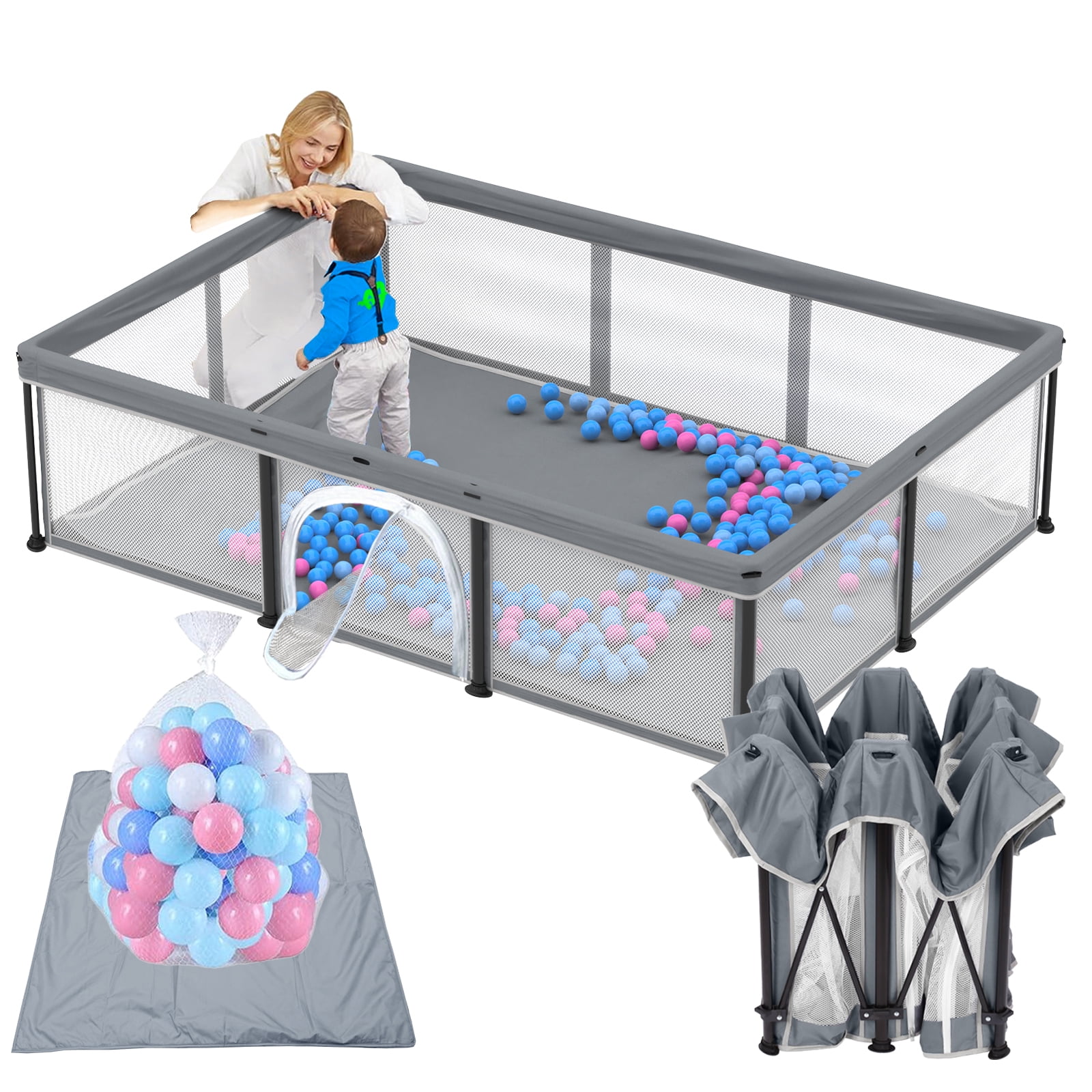 Gray Foldable Baby Playpen with Mat and Ocean Balls