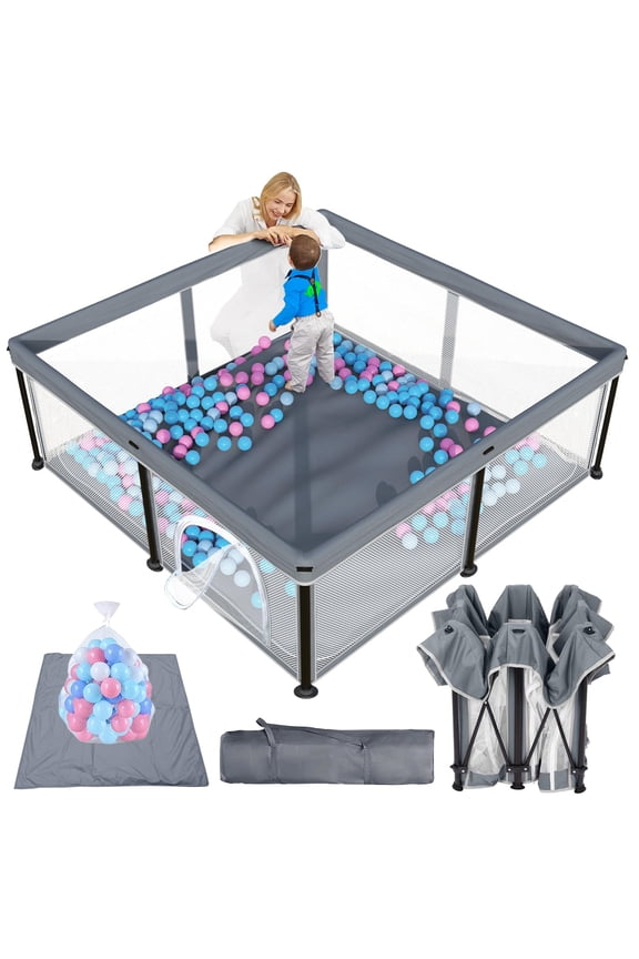 Baby Playpen with Mat, Foldable Playpen for Babies and Toddlers, Portable Travel Play Yard, 50"x50", Gray