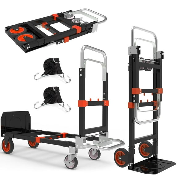 3-in-1 Heavy Duty Folding Dolly, Convertible Hand Truck Portable Steel with Telescopic Handle & Dolly Cart with Rubber Wheels, 580LB Capacity,Orange
