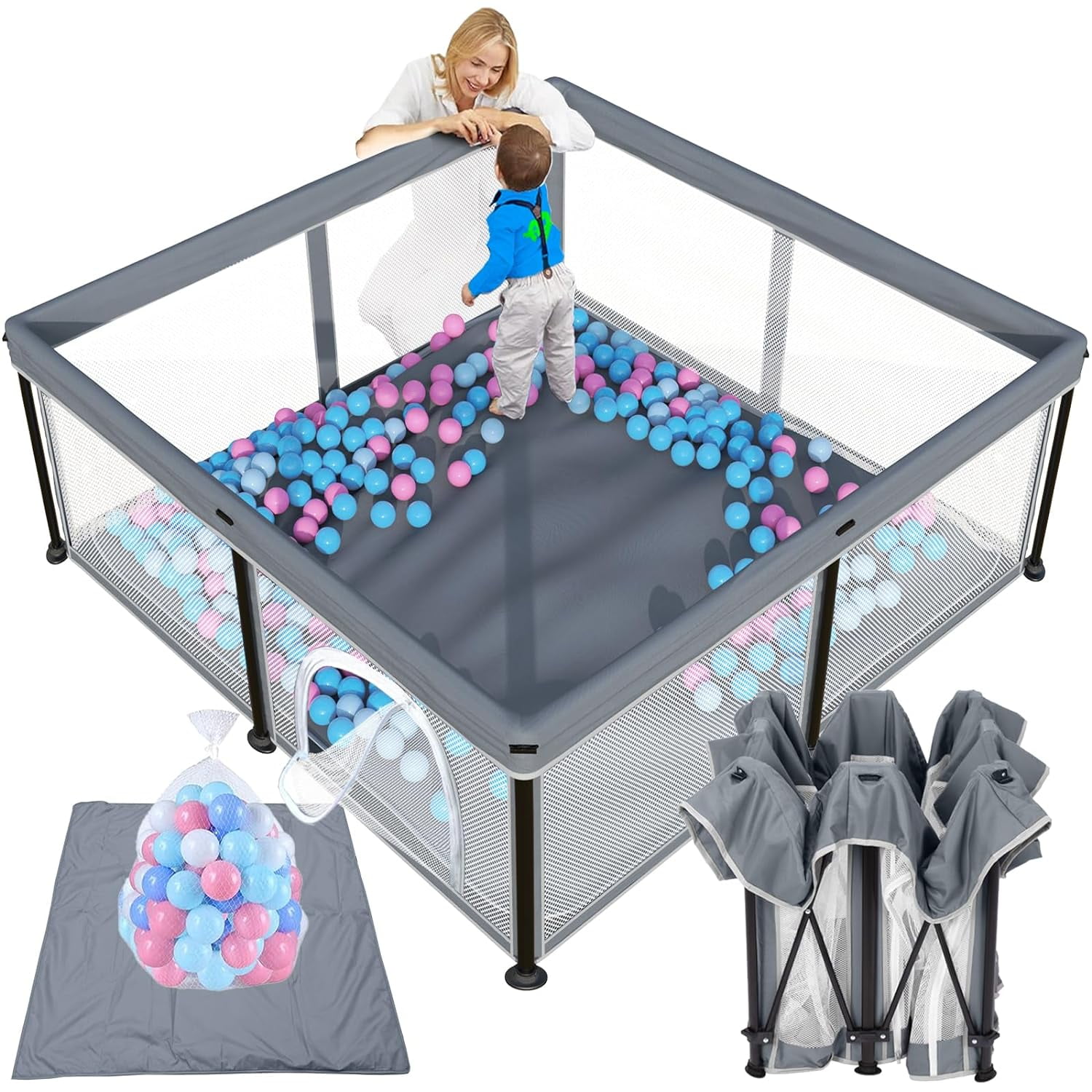 Gray Foldable Baby Playpen with Mat and Ocean Balls