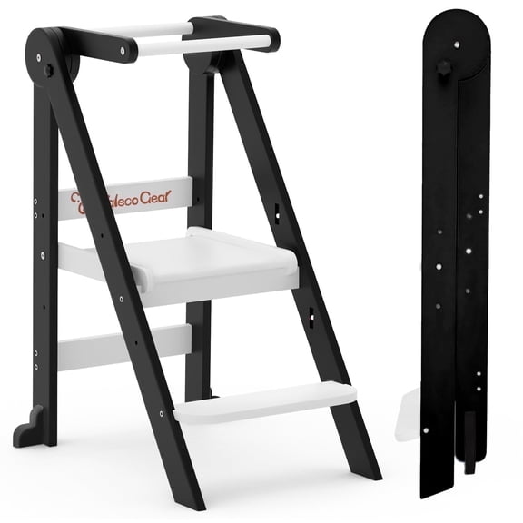 G TALECO GEAR Foldable Toddler Tower, Kitchen Kids Step Stool Helper, Standing Tower with 3 Adjustable Heights, Black&White