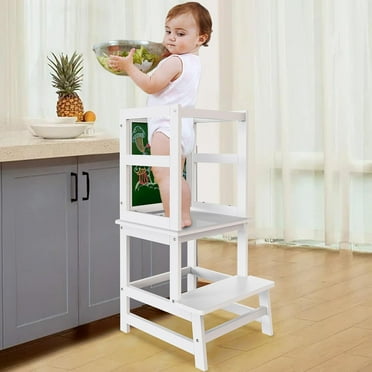 G TALECO GEAR Kitchen Toddler Step Stool Helper with Drawing Board, Toddler Tower for Kids Standing, Wood, White
