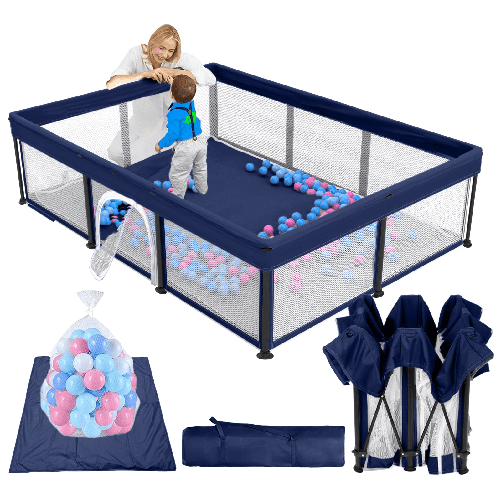 G TALECO GEAR Large Baby Playpen with Mat, Foldable Playpen for Babies and Toddlers, Portable Travel Play Yard, 50"x71", Blue
