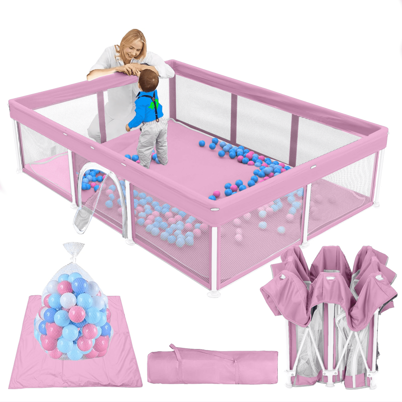 G TALECO GEAR Large Baby Playpen with Mat, Foldable Playpen for Babies and Toddlers, Portable Travel Play Yard, 50"x71", Pink