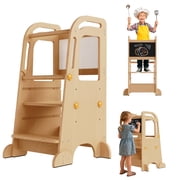 G TALECO GEAR Toddler Tower with Chalkboard, Toddler Kitchen Kids Step Stool Helper, Wooden Stool with Rounded Corner Protection Design, Nature
