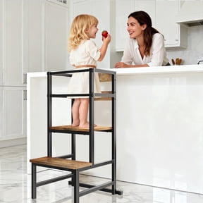 G TALECO GEAR Kitchen Step Stool for Toddler, Toddler Tower for Kids, 3-in-1 Wooden Stool with Safety Rail, Height Adjustable Iron-Frame , Brown