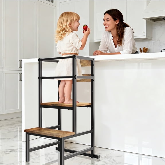 G TALECO GEAR Kitchen Step Stool for Toddler, Toddler Tower for Kids, 3-in-1 Wooden Stool with Safety Rail, Height Adjustable Iron-Frame , Brown