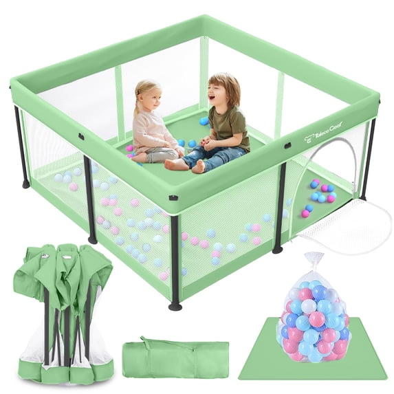 Foldable Baby Playpen with Mat, Collapsible Play Pen for Babies and Toddlers, Indoor & Outdoor Kids Safety Play Pen, Portable Play Yard with 50 Ocean Balls, 50"×50", Green
